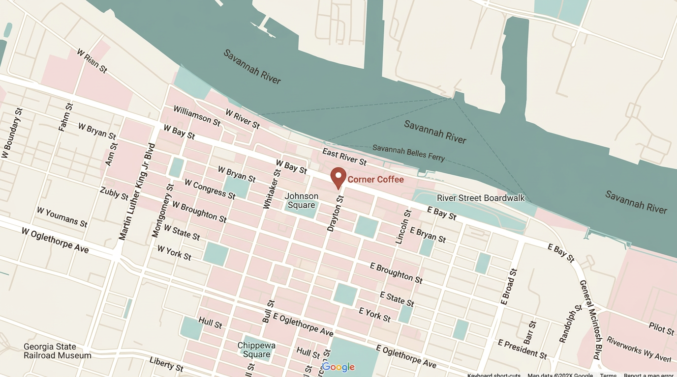 Neighborhood map showing Corner Coffee on Drayton Street near Johnson Square and the Savannah River